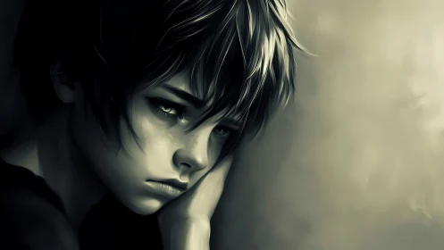 Melancholic digital portrait of a pensive young person.