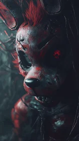 Bloodlit animatronic hare stalks the wires at midnight.