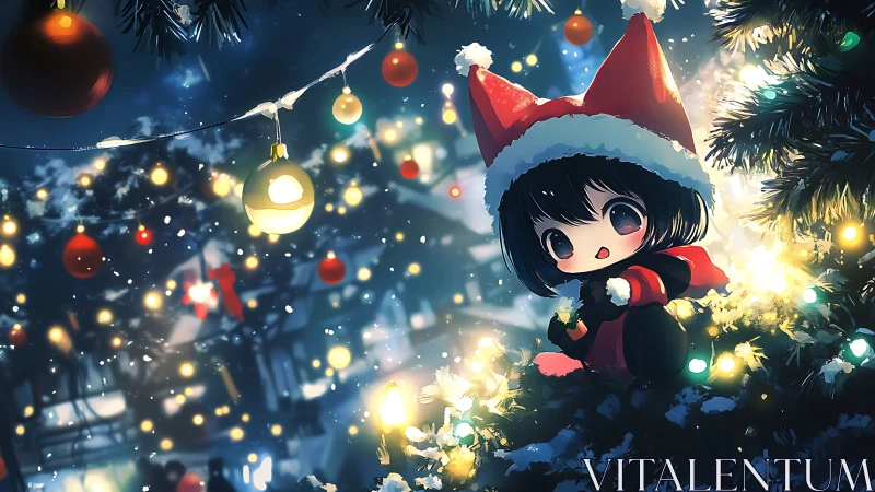 Chibi character in red Santa attire among winter lights.
