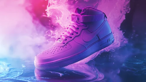 Neon purple sneaker floating in vivid smoke and light.