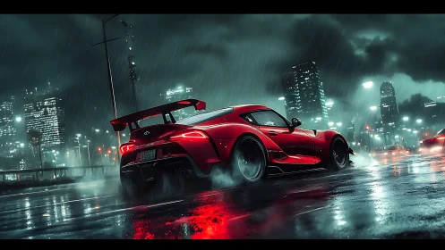 Red widebody tuner coupe drifting in neon-soaked night rain