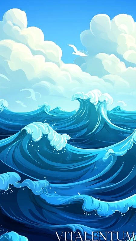 Layered stylized ocean waves move beneath cloud formations
