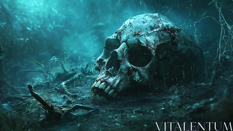 Weathered skull rests in eerie teal forest mist at dusk.