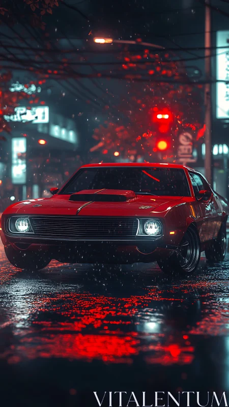 Retro muscle car in neon-soaked cyberpunk nightscape rendering.