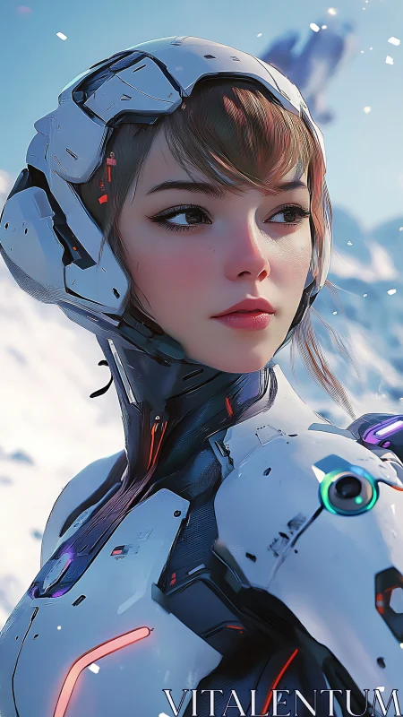 Female android soldier stands in snowy sci-fi landscape