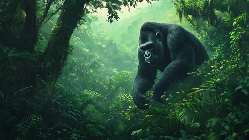 Gorilla moving through dense green rainforest canopy scene.