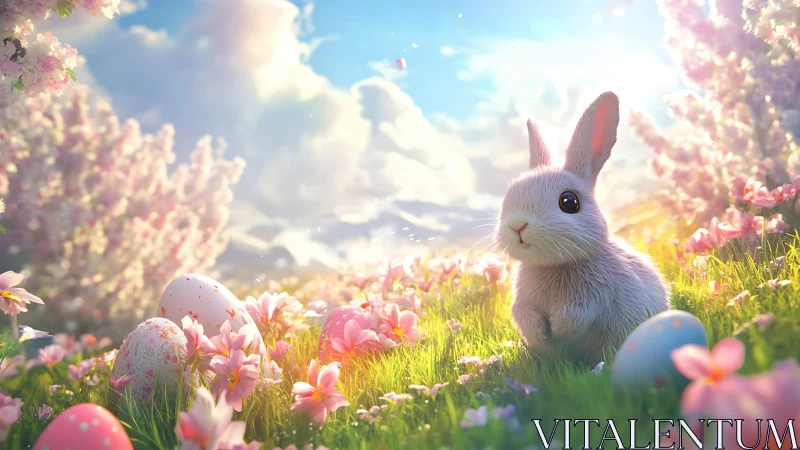Springtime bunny wonderland among blossoms and painted eggs.