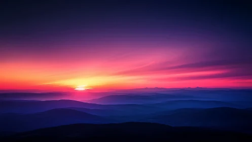 Dawn ignites indigo mountains beneath a neon-bathed sky.