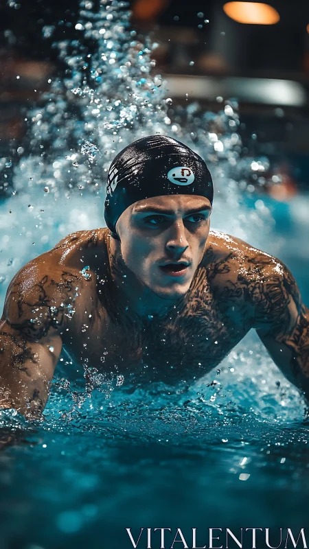 Male swimmer performs forward stroke in indoor pool setting