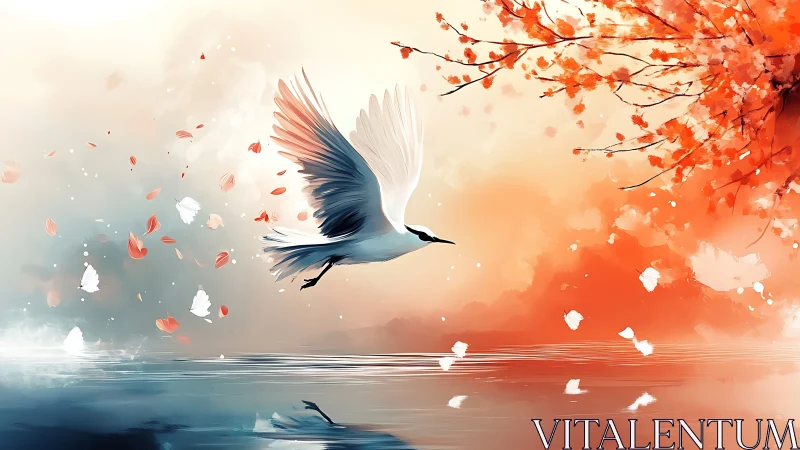 White heron over autumn lake in vibrant digital painting.