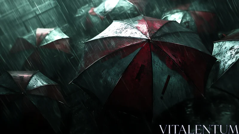 Red umbrellas in cinematic rain with dramatic highlights.