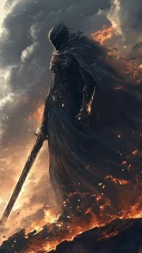 Armored figure with sword amid fire and dense storm clouds.