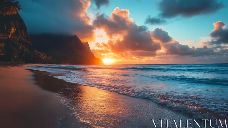 Golden sunset illuminates tranquil tropical shoreline waves