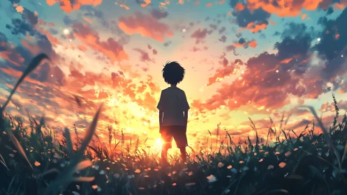 Silhouetted child observes low sun across dense grassy field