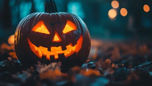 Moody forest jack o’lantern glowing in dusky blue light.