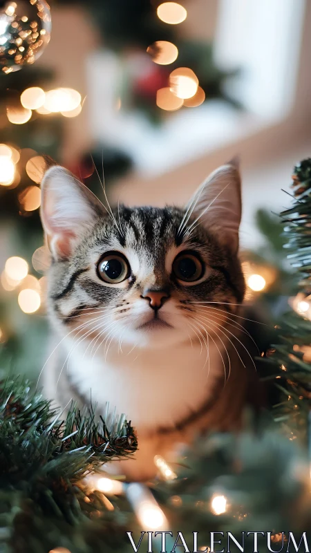 Tabby cat sits among Christmas tree lights and branches