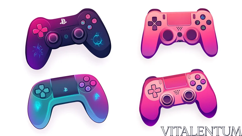 Neon gradient PlayStation controllers with stylized dual analog