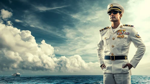Confident naval officer standing tall above the open sea.