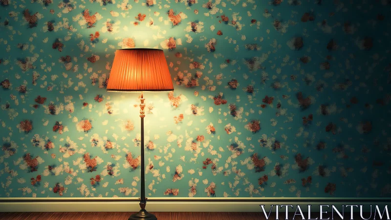 Vintage floor lamp glows against teal floral wall at dusk.