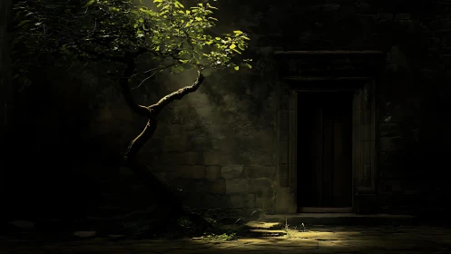 Solitary courtyard tree under narrow beam of light.