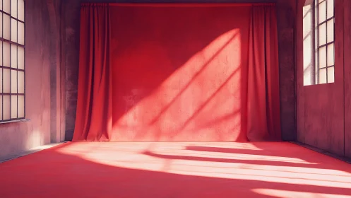 Red fabric backdrop in sunlit industrial interior space.
