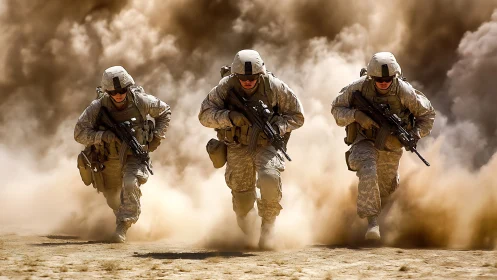 Duststorm vanguard: three soldiers sprint through battle haze.