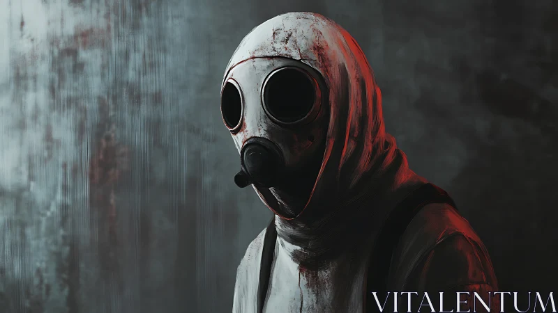 Contaminated sentinel in bloodstained hazmat respirator suit.