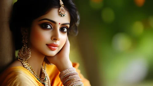 Elegant Indian woman in traditional attire, vibrant portrait style.