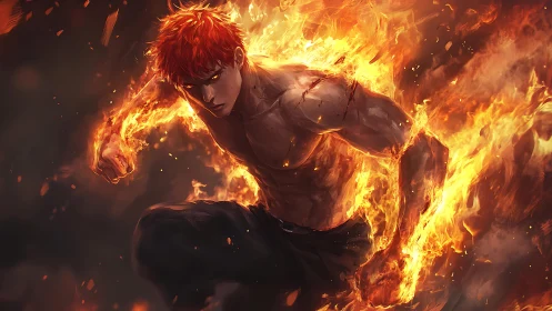 Fiery anime fighter charges forward through swirling flames