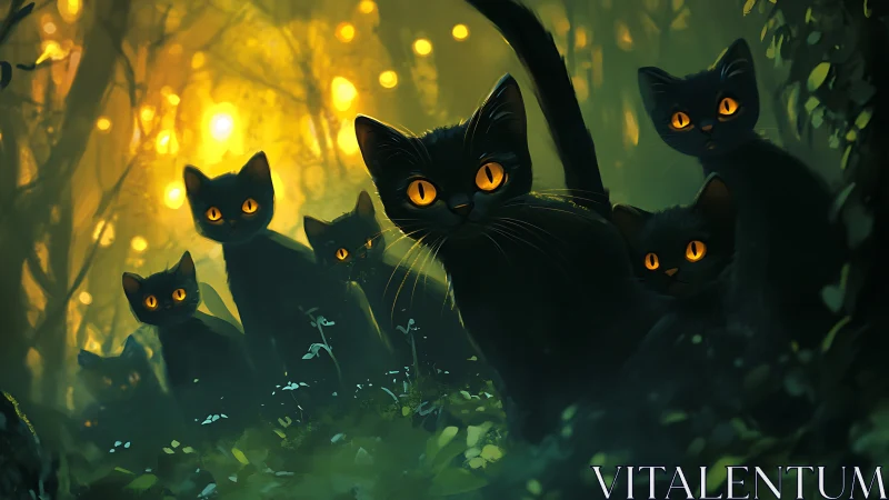 Luminescent Black Cats in Enchanted Forest: Digital Fantasy Composition.