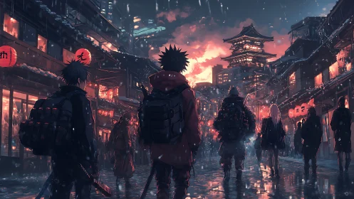 Snowy city wanderers stride toward a glowing pagoda sky