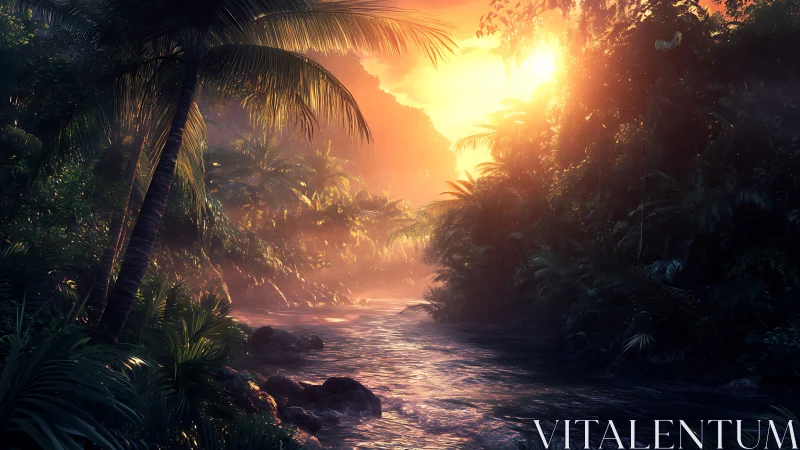 Tropical river landscape under low sun through dense foliage.
