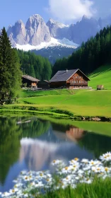 Alpine chalet by reflective lake under jagged peaks.