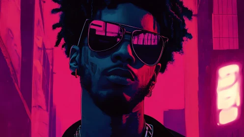 Neon-lit urban portrait with cool cyan shadows and magenta glow.