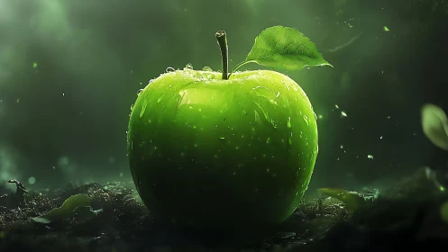 Green apple stands like a moonlit jewel in misty forest air
