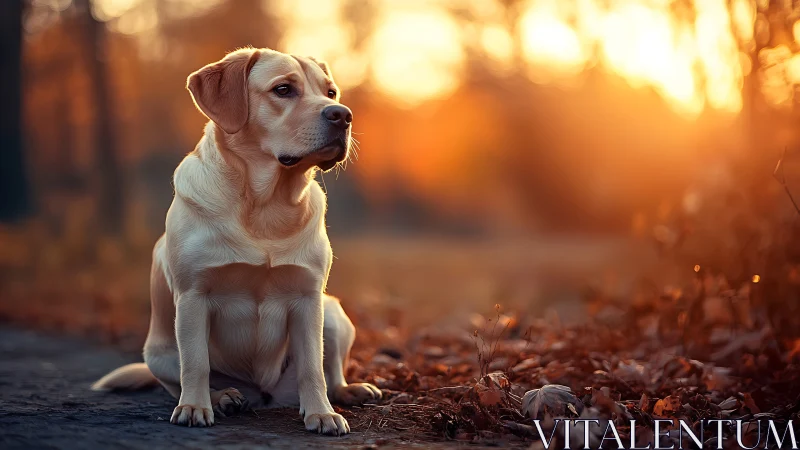 Golden hour Labrador portrait in warm autumn forest light.