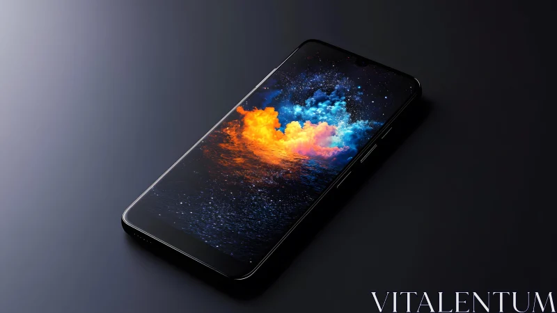 Modern smartphone with vivid cosmic wallpaper in minimalist style.