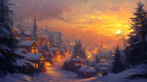 Snow covered alpine village at sunset with glowing windows