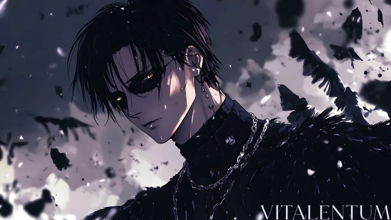 Brooding raven‑clad figure stands amid swirling dark feathers