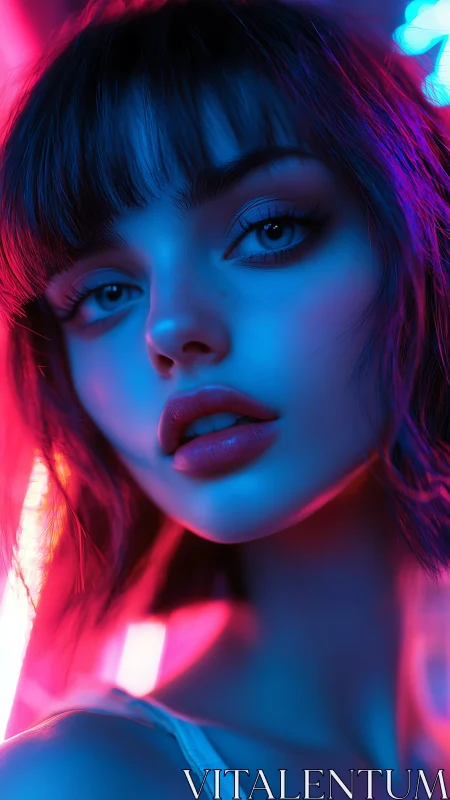 Neon-lit portrait of a dreamy girl in soft blue and pink glow.
