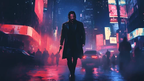 Lone gunman strides through neon-soaked rainy city streets.