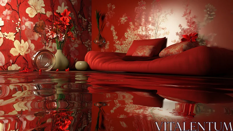 Red floral interior with low sofa and reflective floor surface.