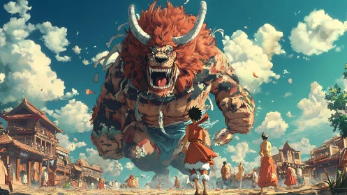 Colossal horned beast charging a lone hero in sunlit town.