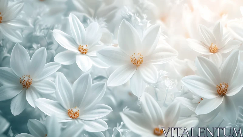 White Cosmos Flowers With Golden Stamens in Soft Focus