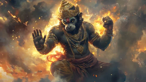 Divine simian warrior in molten gold-lit battle clouds.