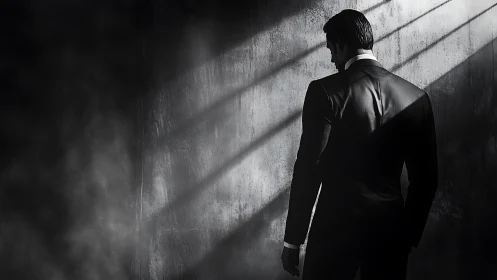 Man in tailored suit stands in moody shafted light alone