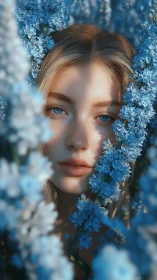 Blue eyed portrait framed by vibrant blooming flowers.