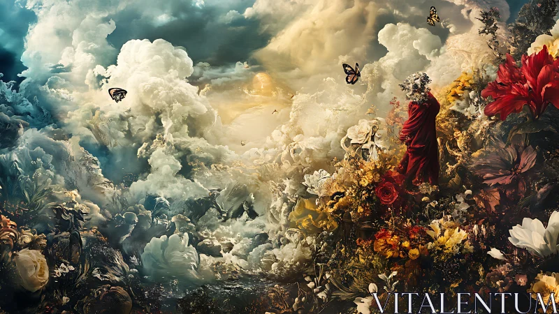 Floral deity ascending through baroque storm clouds of light.