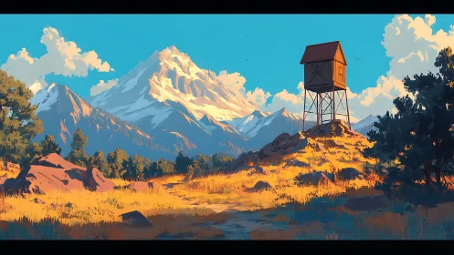 Sunlit watchtower overlooking peaceful mountain valley.