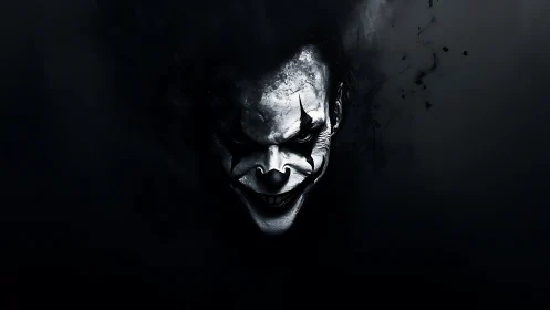 Sinister clown grin emerging from deep swirling shadows.